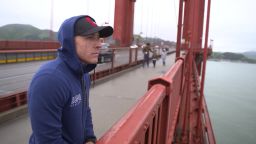 Kevin Hines looking out from the Golden Gate Bridge, where he tried to commit suicide in September 2000.