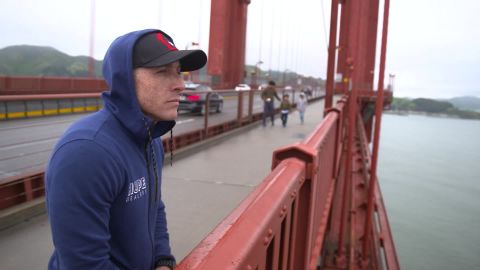 Kevin Hines looks out over the Golden Gate Bridge