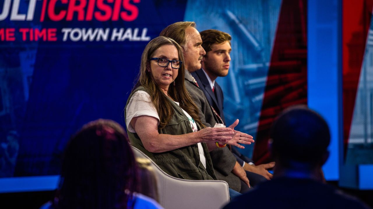 Christine Leinonen, the mother of Pulse shooting victim Christopher Leinonen speaks at a CNN Town Hall in New York on August 7, 2019. The topic was  guns ownership and mass shootings in the United States. New York, August 7, 2019.

Photograph: Timothy Fadek for CNN
