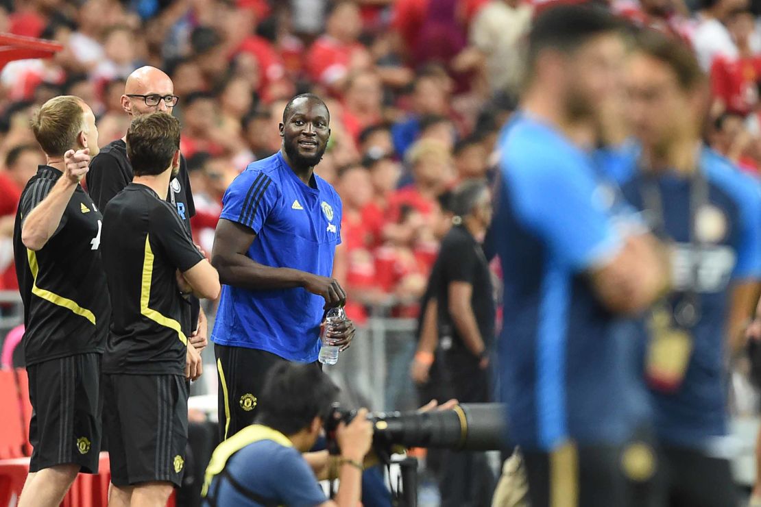 Romelu Lukaku (C) is seen with his team before the International Champions Cup football match between Manchester United and Inter Milan in Singapore.