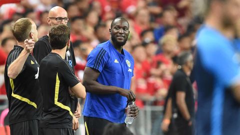 Romelu Lukaku (C) is seen with his team before the International Champions Cup football match between Manchester United and Inter Milan in Singapore.