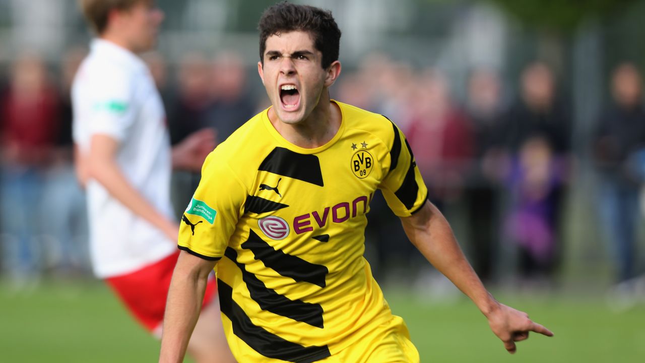 Pulisic of Dortmund celebrates after scoring for the Borussia Dortmund Under-17 team.