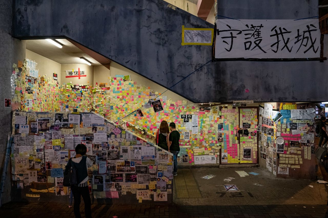 A makeshift "Lennon Wall" appears at Sai Wan Ho district on July 20, 2019 in Hong Kong. Thousands of handwritten messages are written onto Post-It Notes.