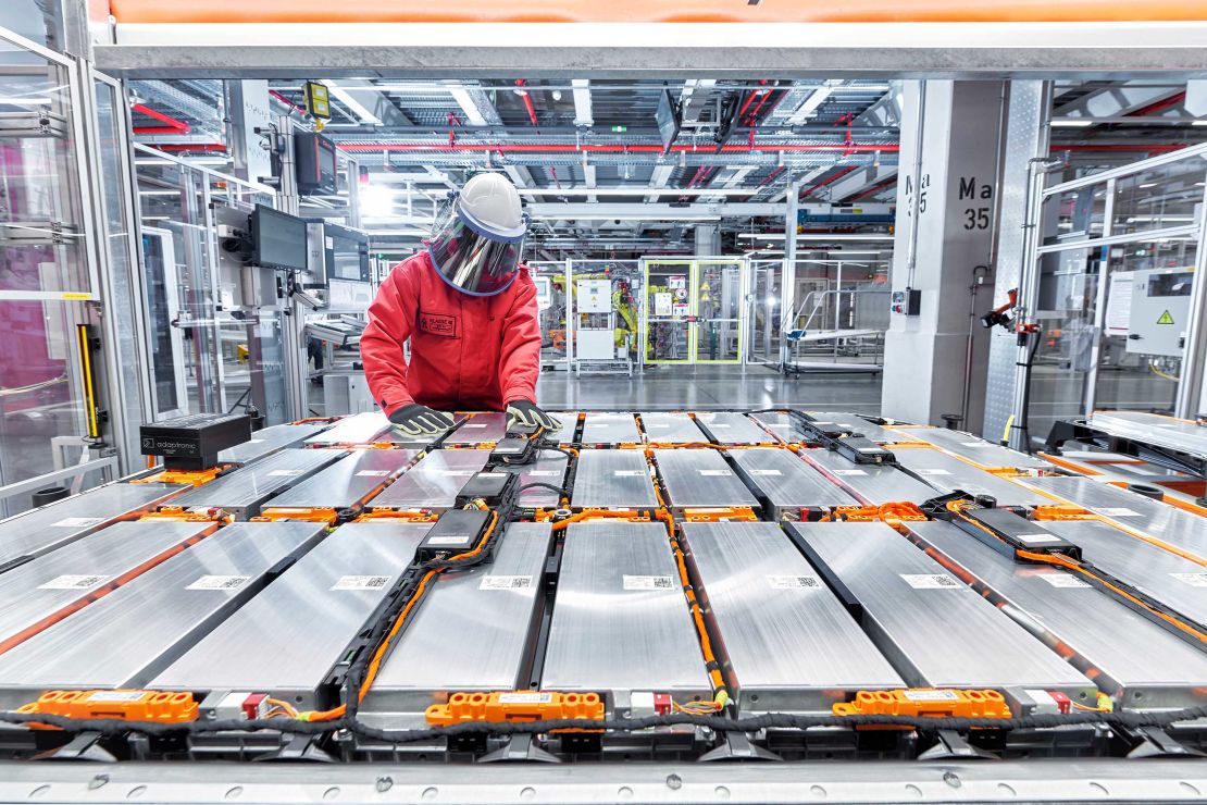 Battery packs are assembled inside Audi's e-tron factory in Brussels.