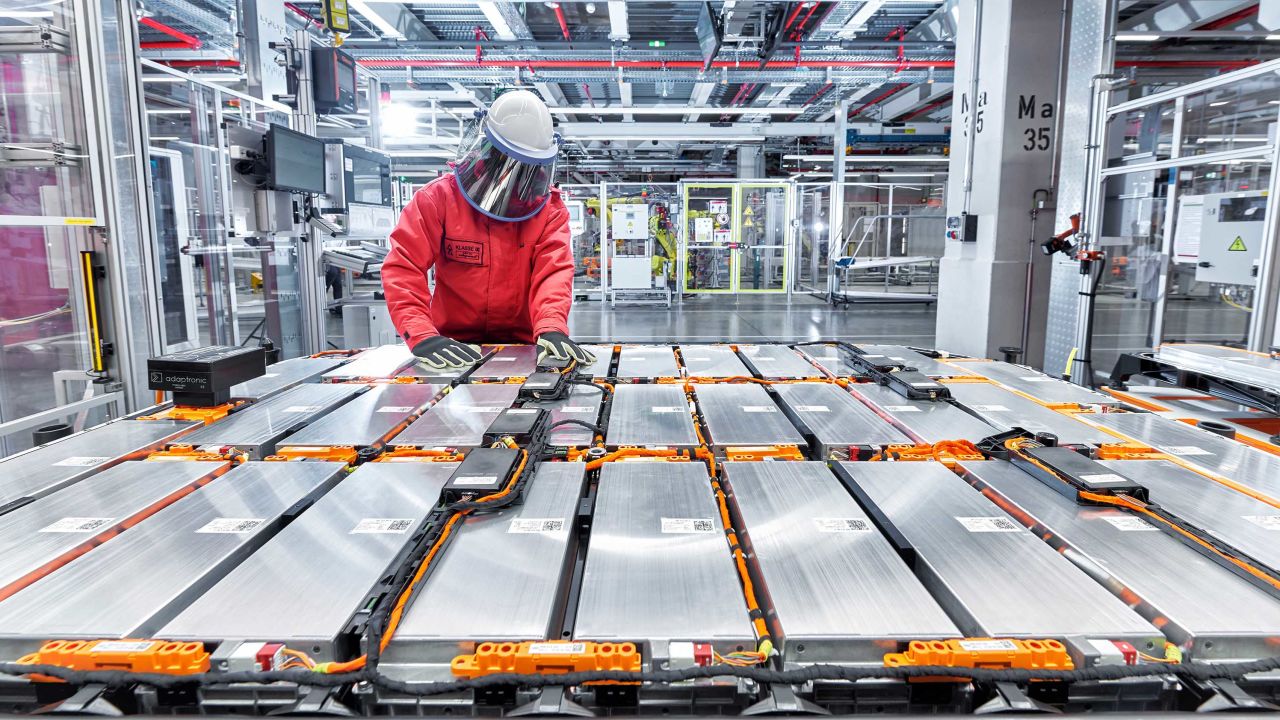 Battery packs are assembled inside Audi's e-tron factory in Brussels.