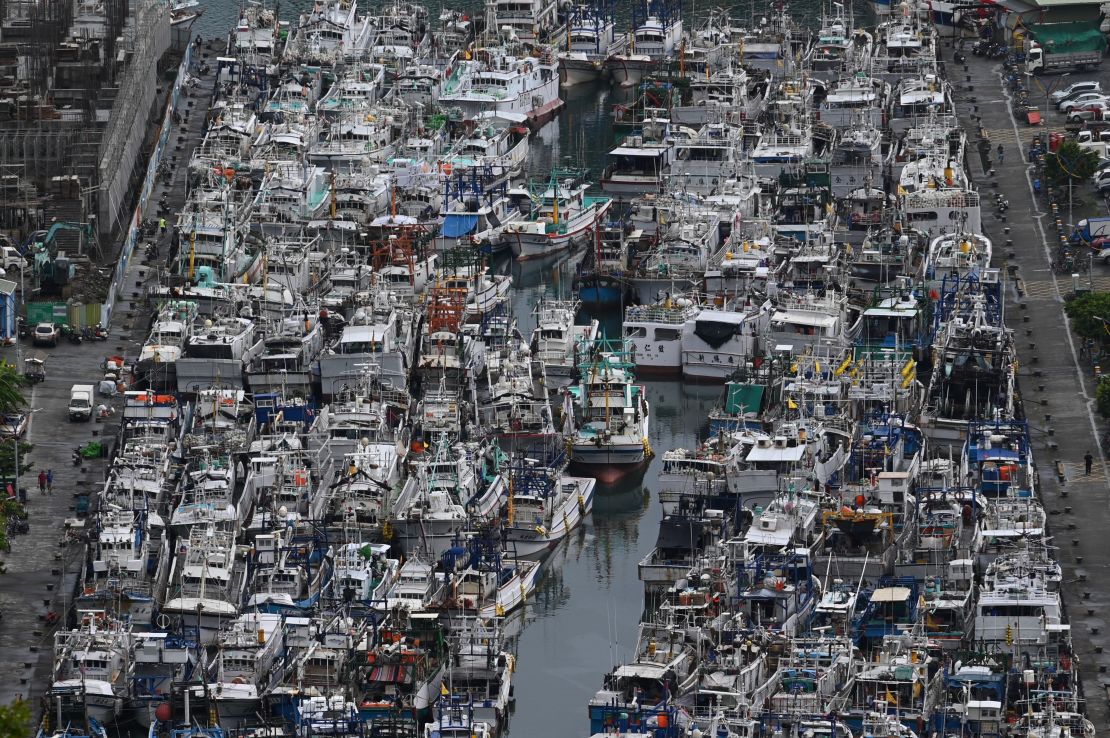 Fishing boats packed into the typhoon shelter in Nanfangao Harbour in Suao, Yilan county, Taiwan, as Typhoon Lekima approaches on August 8, 2019. 