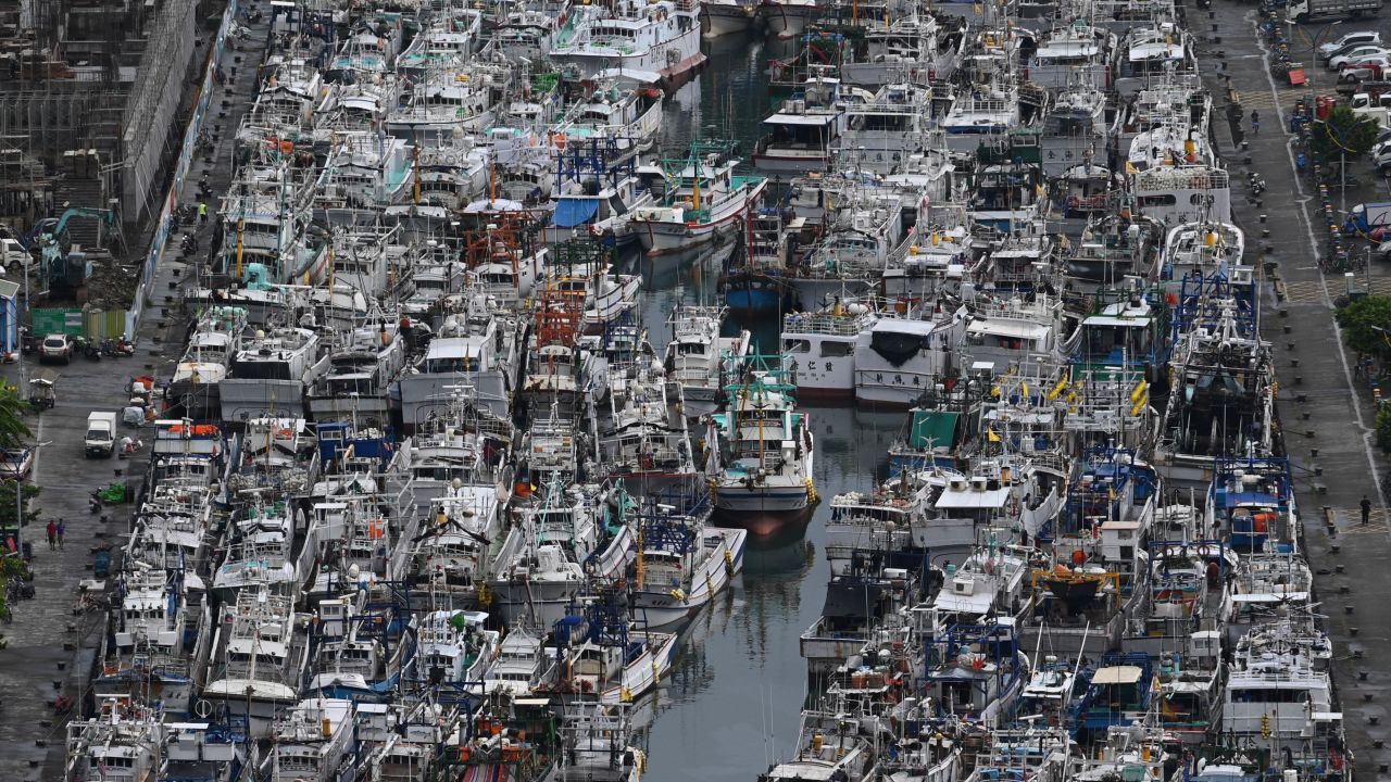 Fishing boats packed into the typhoon shelter in Nanfangao Harbour in Suao, Yilan county, Taiwan, as Typhoon Lekima approaches on August 8, 2019.