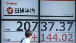 A pedestrian walks past an electric quotation board showing the early morning numbers for the Nikkei 225 index on the Tokyo Stock Exchange in Tokyo on August 9, 2019. (Photo by Kazuhiro NOGI / AFP)        (Photo credit should read KAZUHIRO NOGI/AFP/Getty Images)