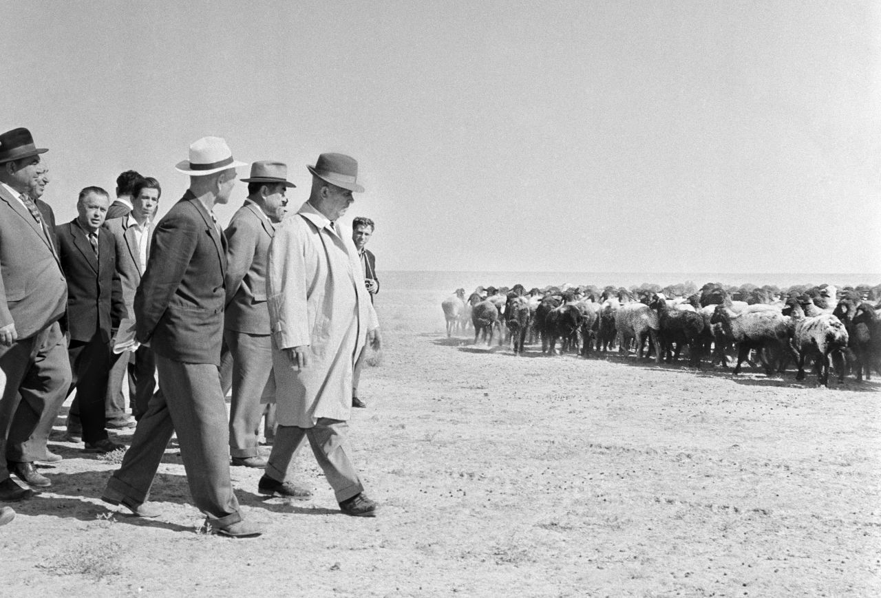 The first secretary of the Communist Party of the Soviet Union, Nikita Khrushchev, visits collective farms at the Gyaur Valley when Turkmenistan was still part of the USSR.