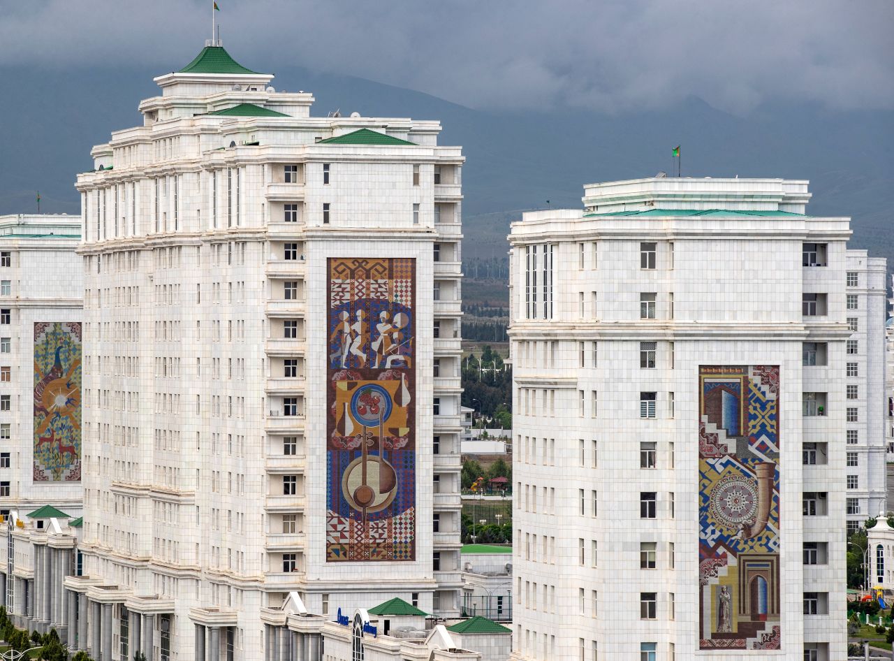 Residential houses in Moskovsky Avenue in Ashgabat, which is often refered to as the City of White Marble.
