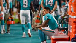 MIAMI, FL - AUGUST 08: Kenny Stills #10 of the Miami Dolphins rests on the sidelines in the third quarter during a preseason game against the Atlanta Falcons at Hard Rock Stadium on August 8, 2019 in Miami, Florida. (Photo by Mark Brown/Getty Images)