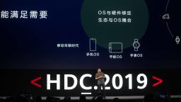 Richard Yu, head of Huawei's consumer business, unveils the company's new HarmonyOS operating system during a press conference in Dongguan, Guangdong province on Friday, August 9, 2019.