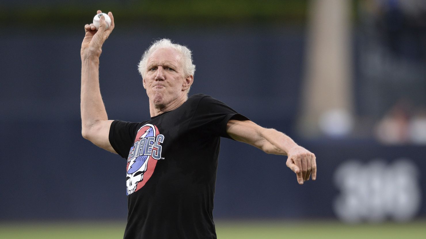 Bill Walton throws out the first pitch before the game between the San Diego Padres and the Colorado Rockies.
