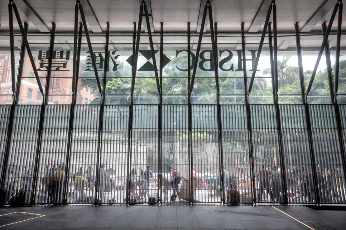 Barricades at HSBC headquarters in Hong Kong on July 28 as pro-democracy protesters readied for another big march.