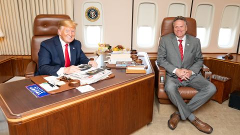Alaska Gov. Mike Dunleavy met with President Trump aboard Air Force One on June 26 as the president's plane was on the tarmac in Alaska en route to the G20 summit in Japan.