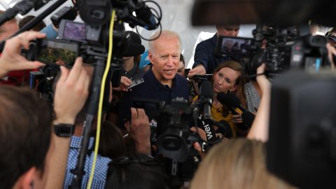 Democratic presidential candidate and former Vice President Joe Biden talks to journalists during the Iowa State Fair on August 8, 2019, in Des Moines, Iowa. 