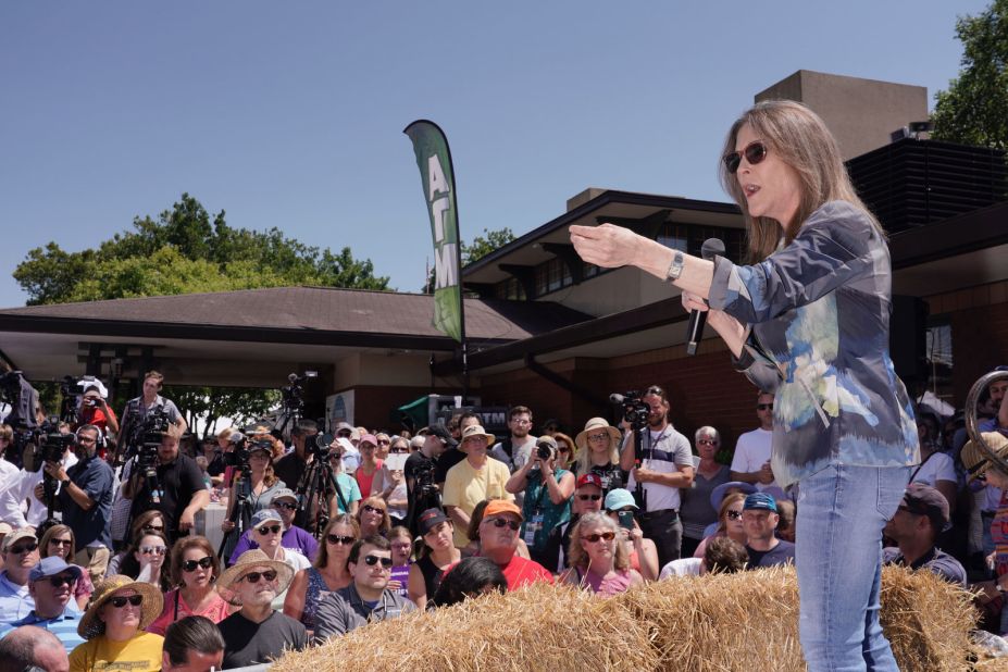 Democratic presidential candidate Marianne Williamson addresses fairgoers on Friday.