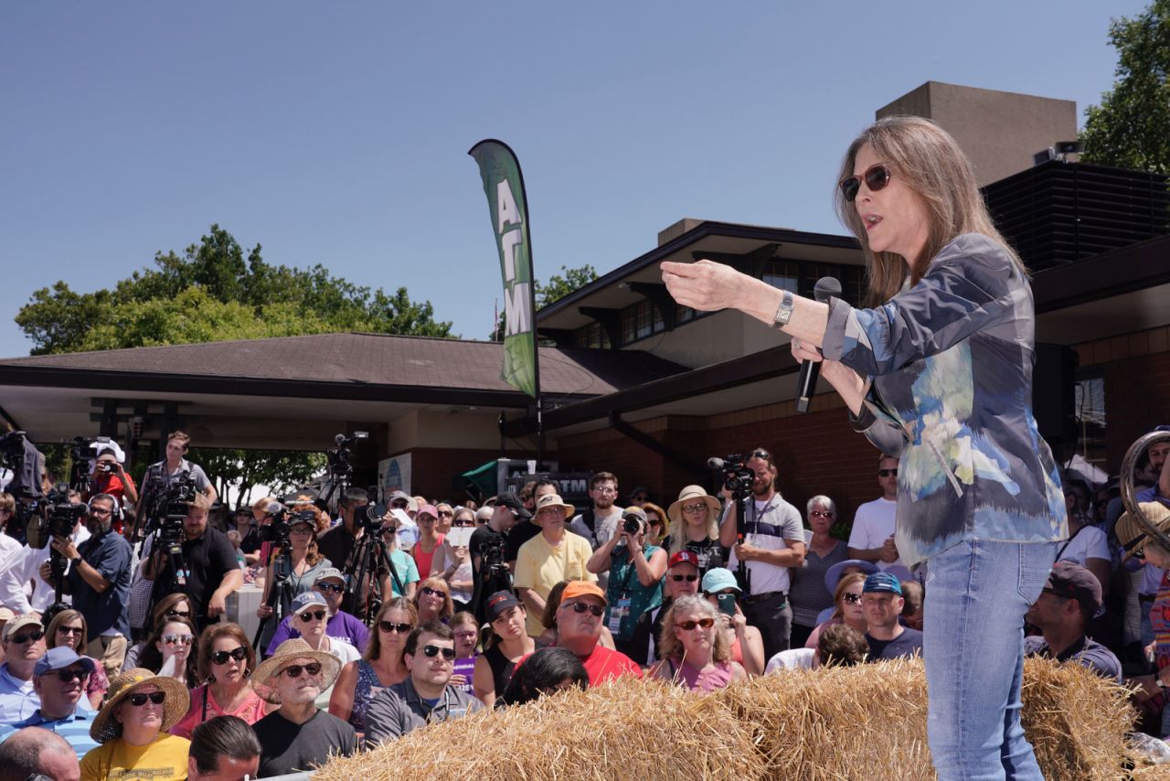 Williamson addresses people at the Iowa State Fair in August 2019.
