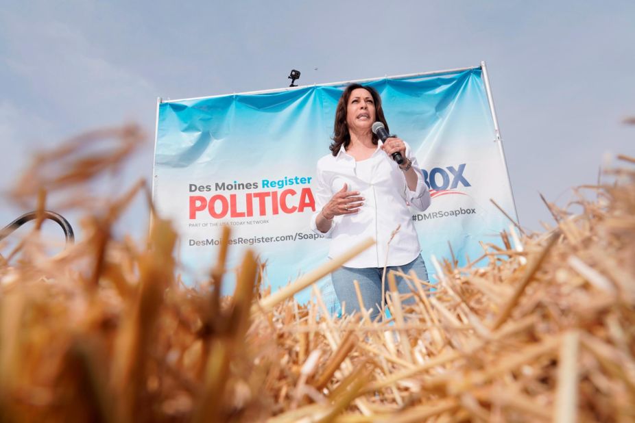 US Sen. Kamala Harris speaks to fairgoers on Saturday. The Des Moines Register gives each candidate a soapbox, a microphone and 20 minutes to address fair attendees.