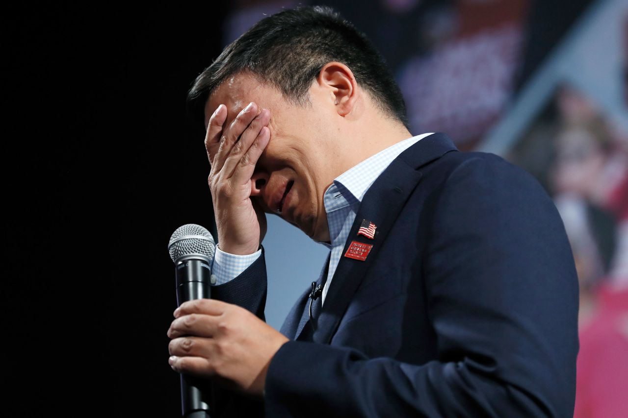 Yang <a href="https://www.cnn.com/2019/08/10/politics/andrew-yang-gun-violence/index.html" target="_blank">breaks down in tears</a> at a forum about gun safety in August 2019. He became emotional when discussing gun violence prevention with a woman who said she lost her daughter to a stray bullet.