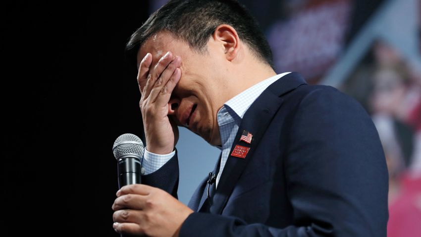 Democratic presidential candidate entrepreneur Andrew Yang reacts as he listens to a question from the audience during the Presidential Gun Sense Forum, Saturday, Aug. 10, 2019, in Des Moines, Iowa.