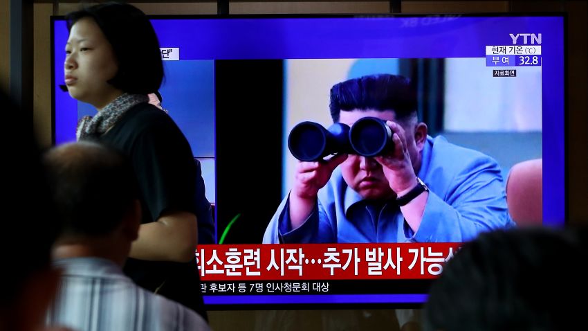 SEOUL, SOUTH KOREA - AUGUST 10: People watch a TV showing a file image of a North Korean missile launch at the Seoul Railway Station on August 10, 2019 in Seoul, South Korea. Today's launch came just four days after North Korea fired two projectiles believed to be the newly developed short-range ballistic missiles. It is also the fifth such launch since July 25, when it also fired two short-range missiles. (Photo by Chung Sung-Jun/Getty Images)