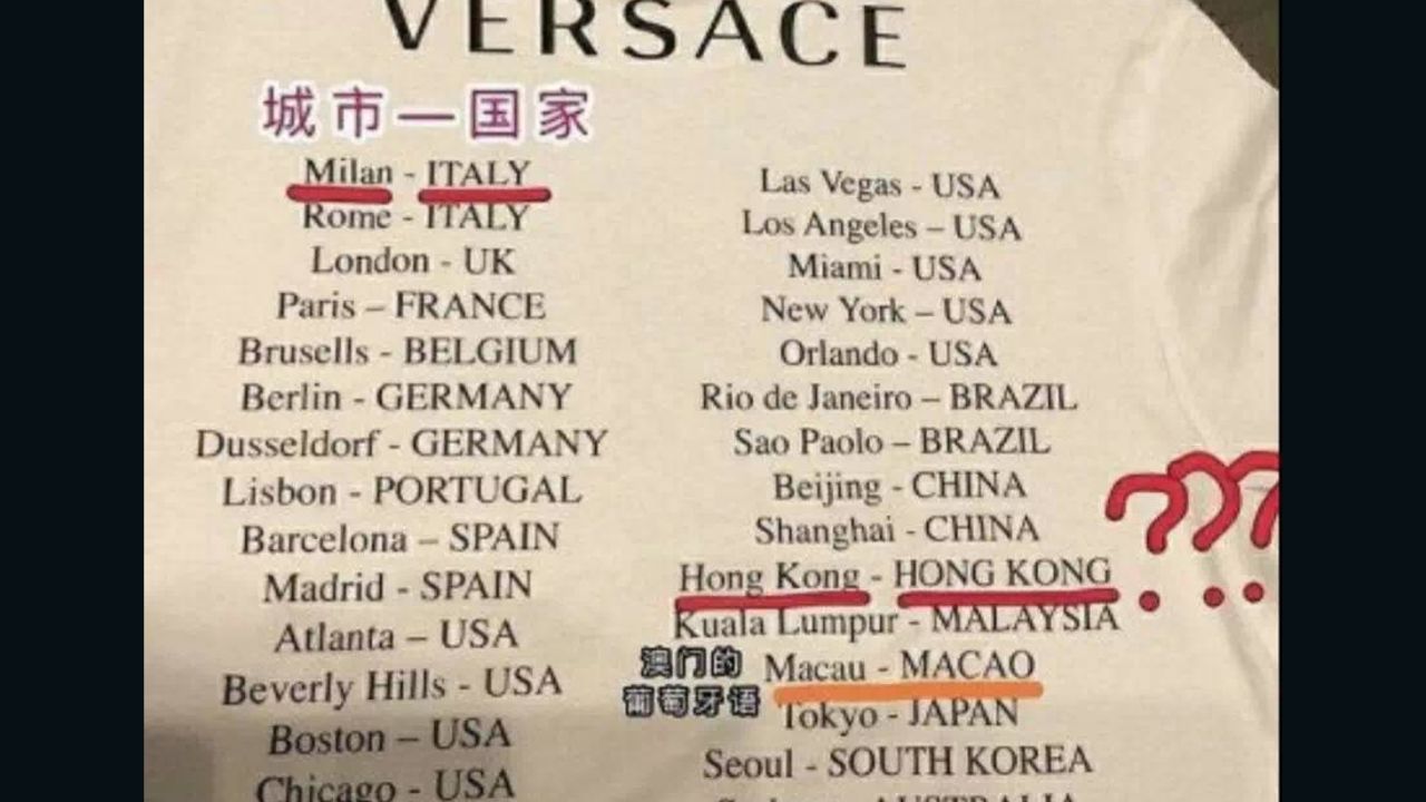 A photo of a Versace T-shirt which appears to suggest that Hong Kong is its own country