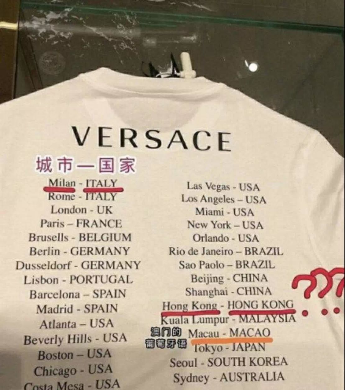 A photo of a Versace T-shirt which appears to suggest that Hong Kong is its own country.