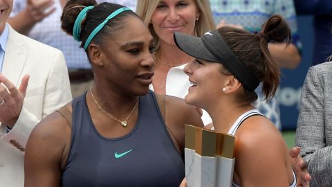 Serena Williams congratulates Bianca Andreescu on winning the women's final of the Rogers Cup tennis tournament in Toronto, Canada, on August 11.