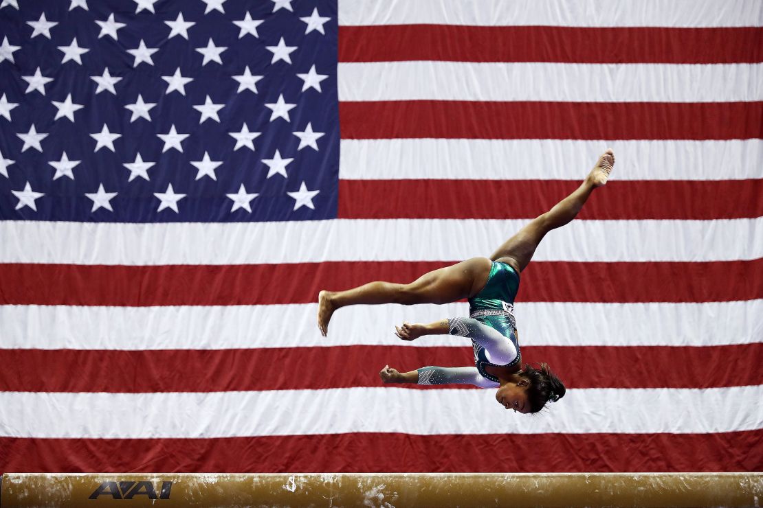 Biles competes on the balance beam at the 2019 US championships.