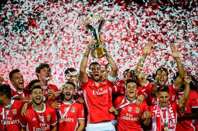 Benfica soccer players celebrate after winning Portugal's Super Cup on Sunday, August 4.
