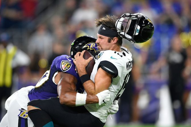 Baltimore's Kenny Young sacks Jacksonville's Gardner Minshew during an NFL preseason game on Thursday, August 8.