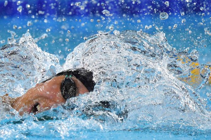American swimmer Margo Geer competes at the Pan American Games on Thursday, August 8. She won gold in the 100-meter freestyle.