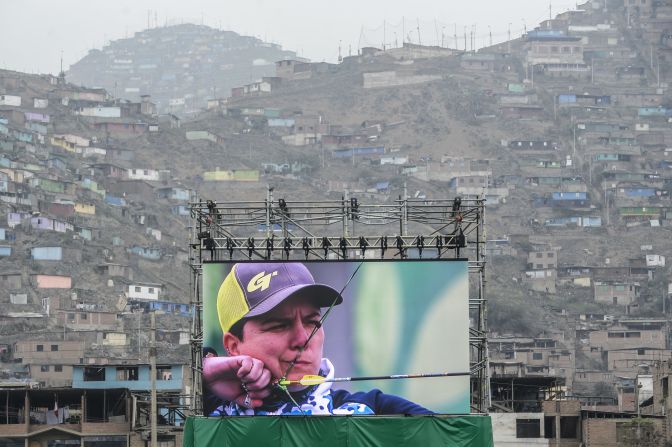 A video screen shows archery Saturday, August 10, during the Pan American Games in Lima, Peru.