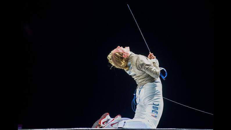 US fencer Anne-Elizabeth Stone celebrates after winning gold in the sabre at the Pan American Games on Tuesday, August 6.