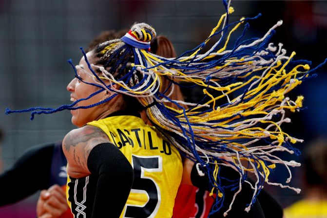 Brenda Castillo, a volleyball player for the Dominican Republic, competes in the gold-medal match at the Pan American Games on Sunday, August 11. The Dominicans defeated Colombia in four sets.