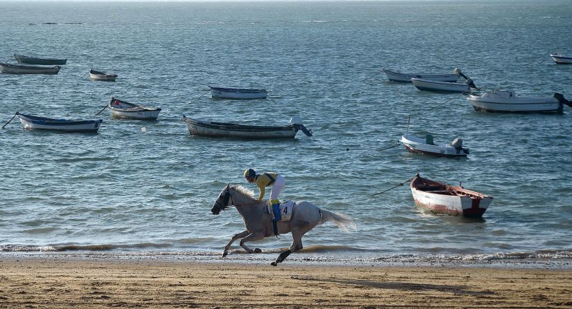 A horse competes in the annual beach race in Sanlucar de Barrameda, Spain, on Friday, August 9.