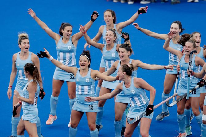 Argentina field-hockey players celebrate after defeating Chile in the semifinals of the Pan American Games on Tuesday, August 6. They went on to win the gold.
