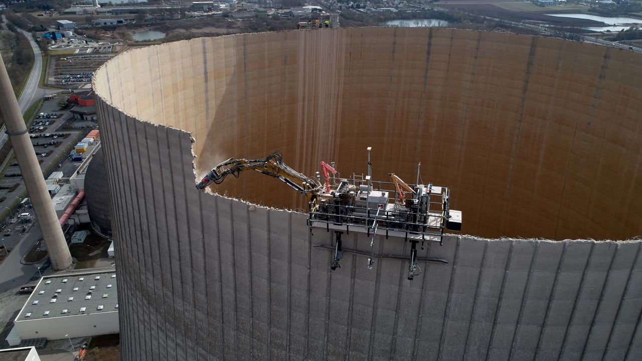 The robot eating its way around the cooling tower.