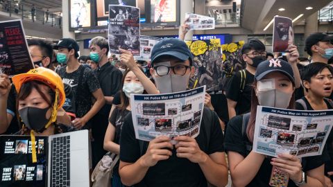 Protesters occupy the arrival hall of the Hong Kong International Airport during a demonstration on August 12, 2019 in Hong Kong.
