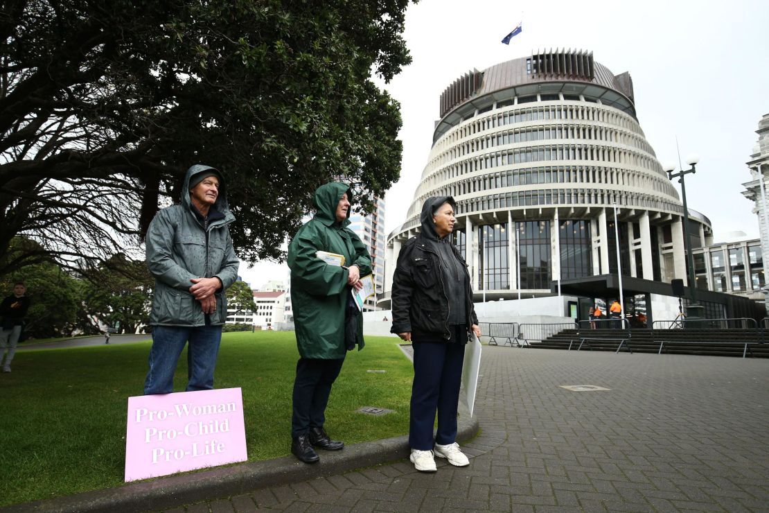 Pro-life supporters look on during a pro-life, anti-abortion rally at Parliament on May 28, 2019 in Wellington, New Zealand.
