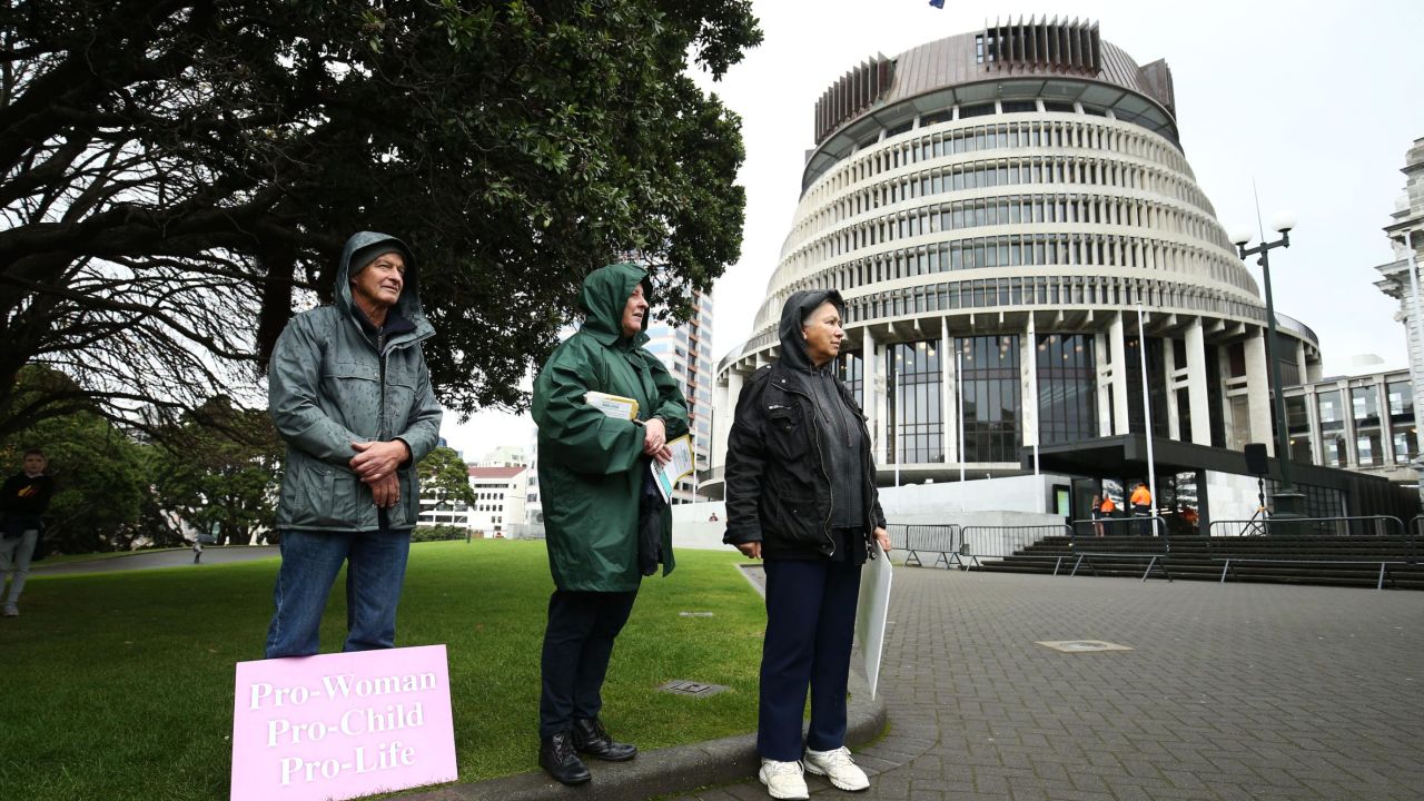 Pro-life supporters look on during a pro-life, anti-abortion rally at Parliament on May 28, 2019 in Wellington, New Zealand. 