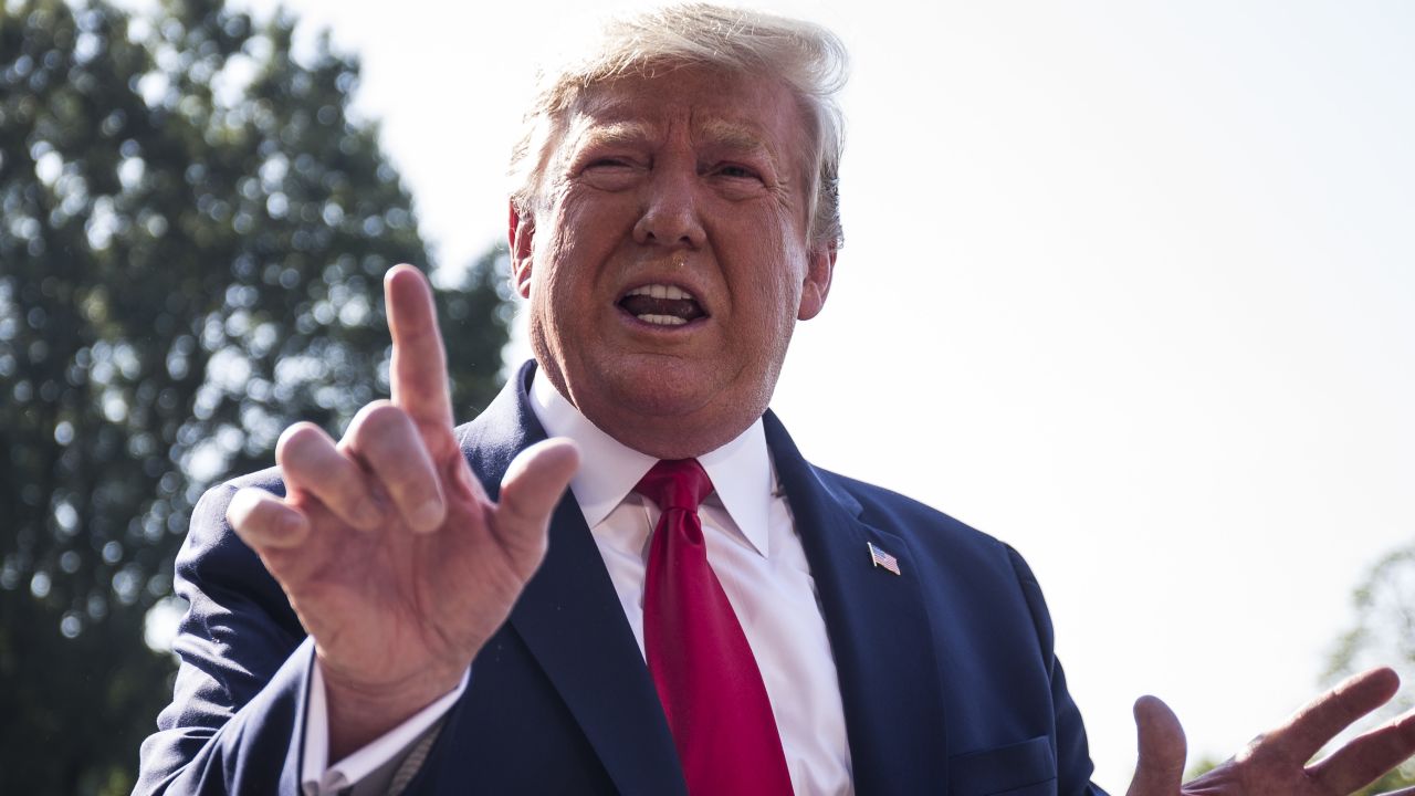 WASHINGTON, DC - AUGUST 07: President Donald Trump speaks to members of the press before departing from the White House en route to Dayton, Ohio and El Paso, Texas on August 7, 2019 in Washington, DC. Trump is will visit the two cities to meet with victims and law enforcement following a pair of deadly shooting attacks last weekend.  (Photo by Zach Gibson/Getty Images)