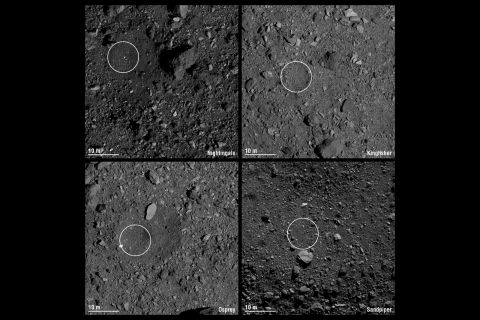 Pictured are the four candidate sample collection sites on asteroid Bennu selected by NASA's OSIRIS-REx mission. Site Nightingale (top left) is located in Bennu's northern hemisphere. Sites Kingfisher (top right) and Osprey (bottom left) are located in Bennu's equatorial region. Site Sandpiper (bottom right) is located in Bennu's southern hemisphere. Nightingale was ultimately chosen, and the others serve as backup sites.