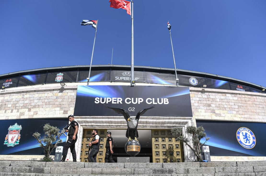 Special force police officers patrol in front of Besiktas' Vodafone Park stadium on August 10.