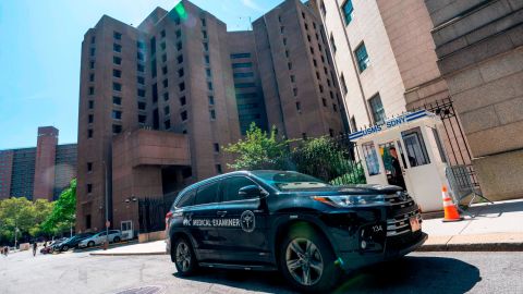 A New York Medical Examiner's car is parked outside the Metropolitan Correctional Center where Jeffrey Epstein was being held on August 10, 2019.