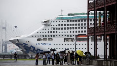 This picture taken on July 16, 2019, shows Sun Princess cruise ship, docked in the port of Yokohama.