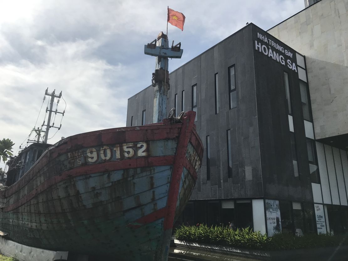 Fishing vessel 90152 sits outside the Paracel Islands Museum in Da Nang, Vietnam. The ship was sunk in a skirmish with China in 2014, recovered by Vietnam, and sits outside the museum as "evidence of accusations of China's unruly actions," according to museum officials