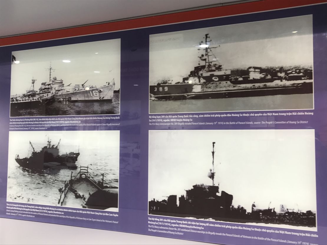 Photos on exhibit inside the Paracel Islands museum show ships involved in a clash with China