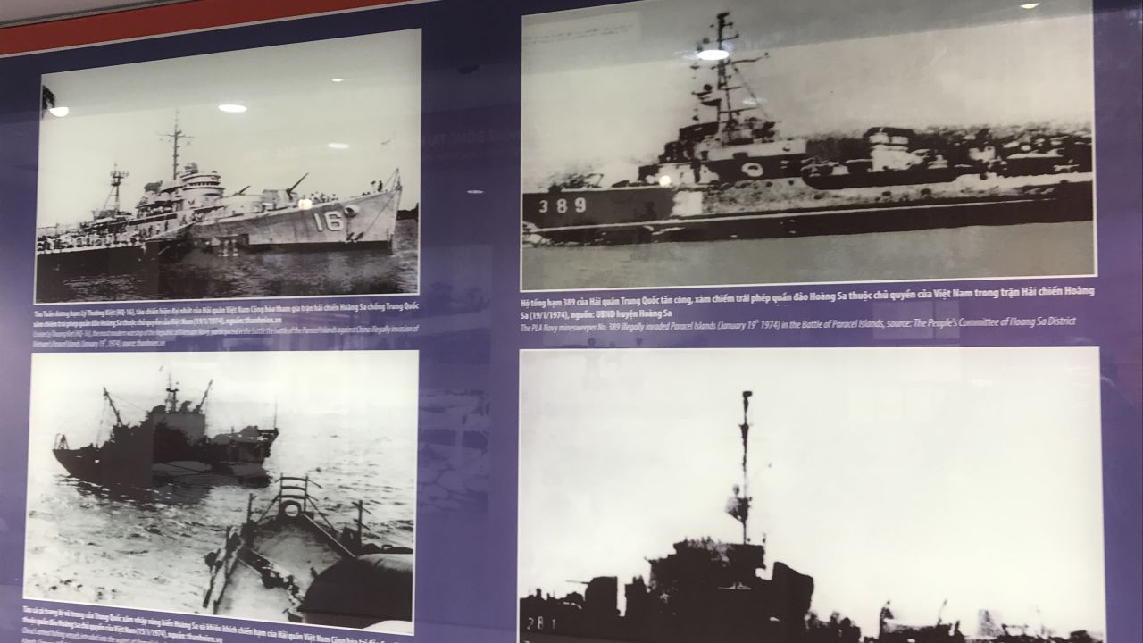 Photos on exhibit inside the Paracel Islands museum show ships involved in a clash with China